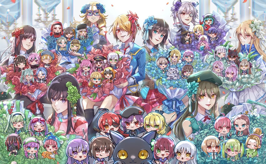 kayamori ruka, izumi yuki, asakura karen, toujou tsukasa, aikawa megumi, and 47 more (heaven burns red) drawn by yue_(user_femj2435)