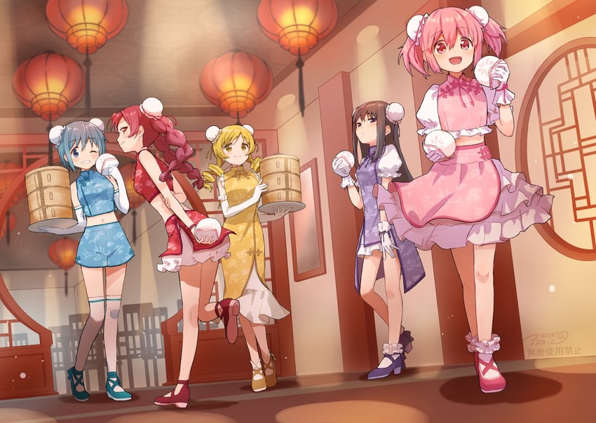 akemi homura, kaname madoka, miki sayaka, sakura kyoko, and tomoe mami (mahou shoujo madoka magica) drawn by asukaru_(magika_ru)