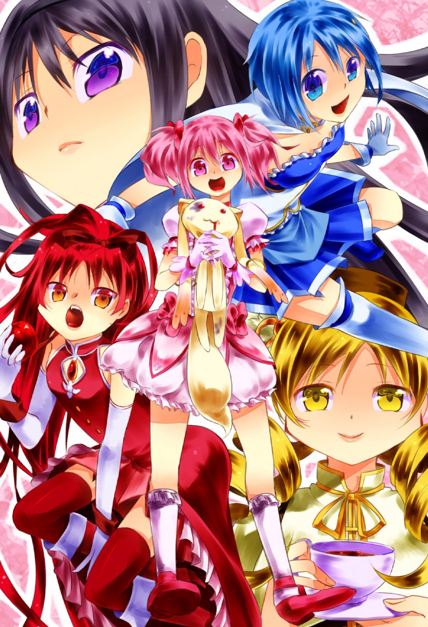 akemi homura, kaname madoka, miki sayaka, sakura kyoko, tomoe mami, and 1 more (mahou shoujo madoka magica) drawn by pokupoku_(yamanashi_yuuya)