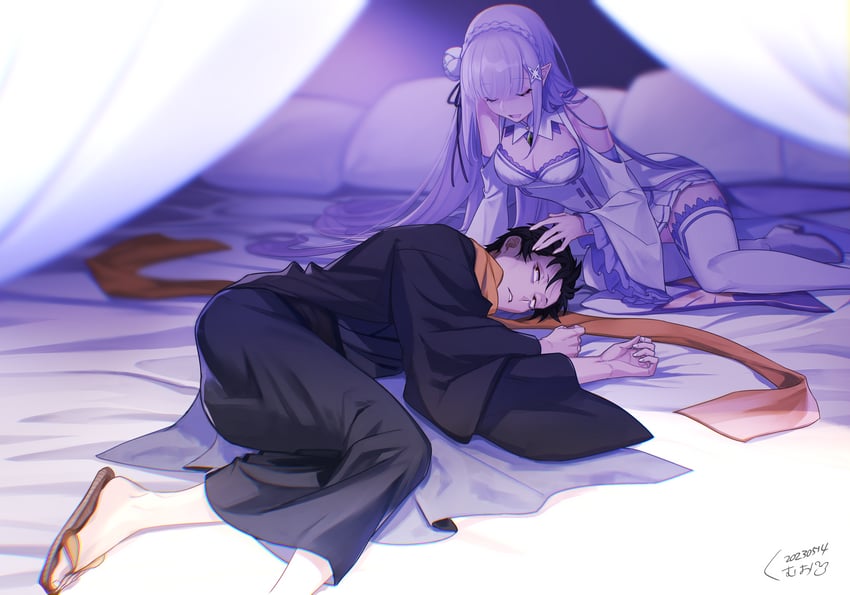 emilia and natsuki subaru (re:zero kara hajimeru isekai seikatsu and 1 more) drawn by kumuo_(mirakurufusao)