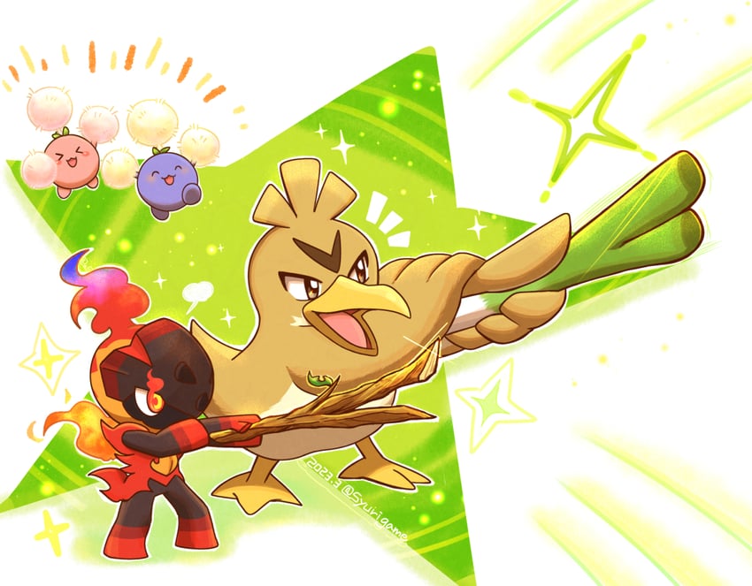 jumpluff, farfetch'd, and charcadet (pokemon) drawn by shuri_(syurigame)