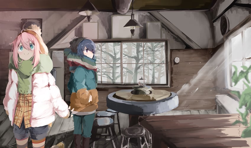 shima rin and kagamihara nadeshiko (yurucamp) drawn by maegami_(daisuki_oekaki1)