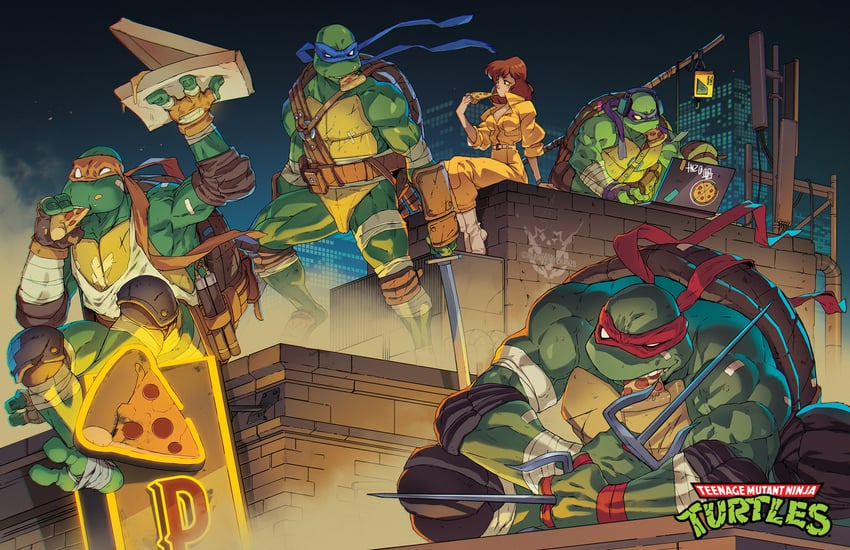 april o'neil, leonardo, raphael, donatello, and michelangelo (teenage mutant ninja turtles) drawn by metalhanzo