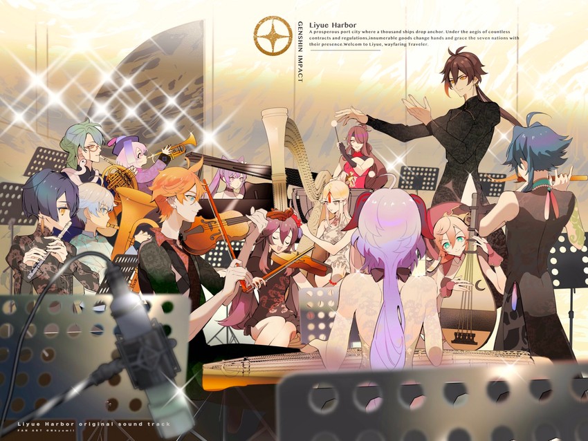 ganyu, hu tao, zhongli, keqing, tartaglia, and 9 more (genshin impact) drawn by naru9