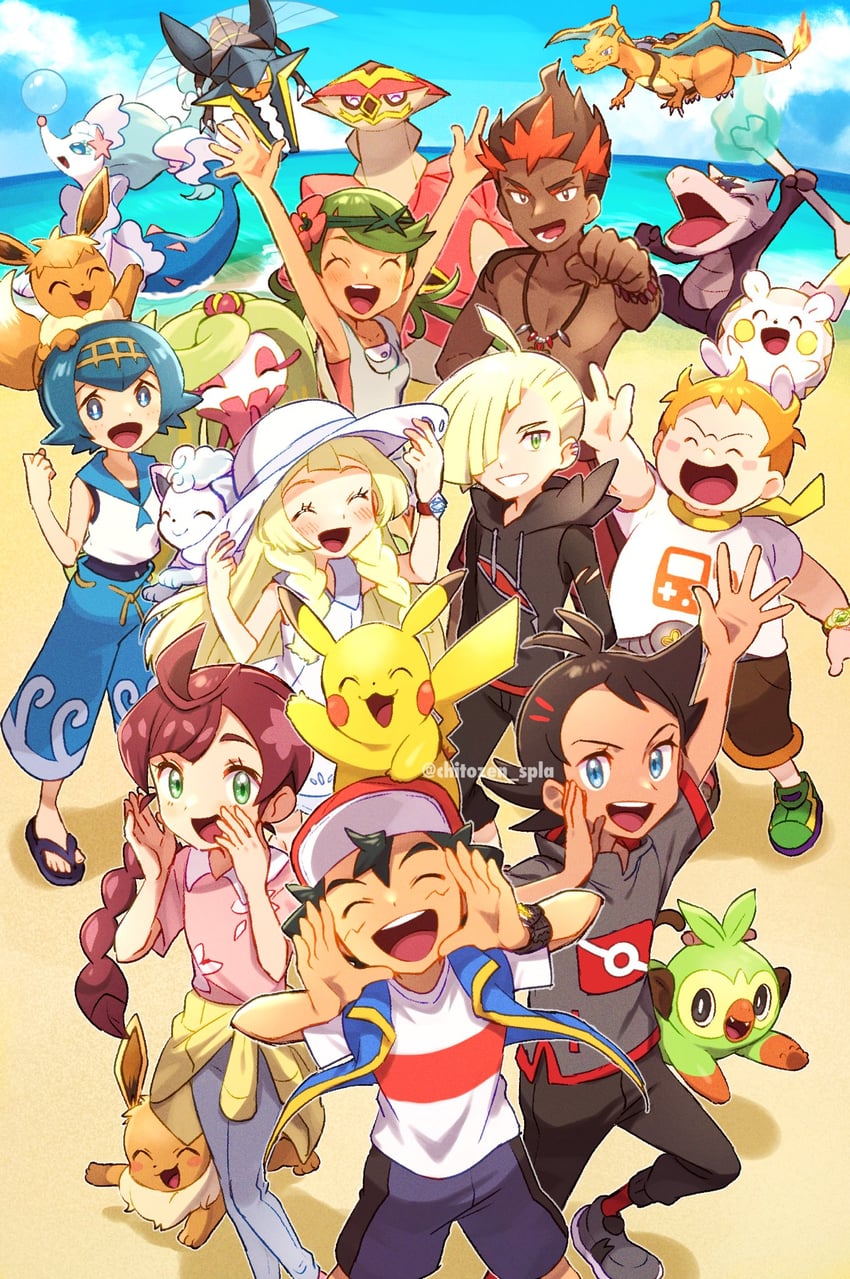 pikachu, lillie, ash ketchum, eevee, lana, and 14 more (pokemon and 2 more) drawn by chitozen_(pri_zen)