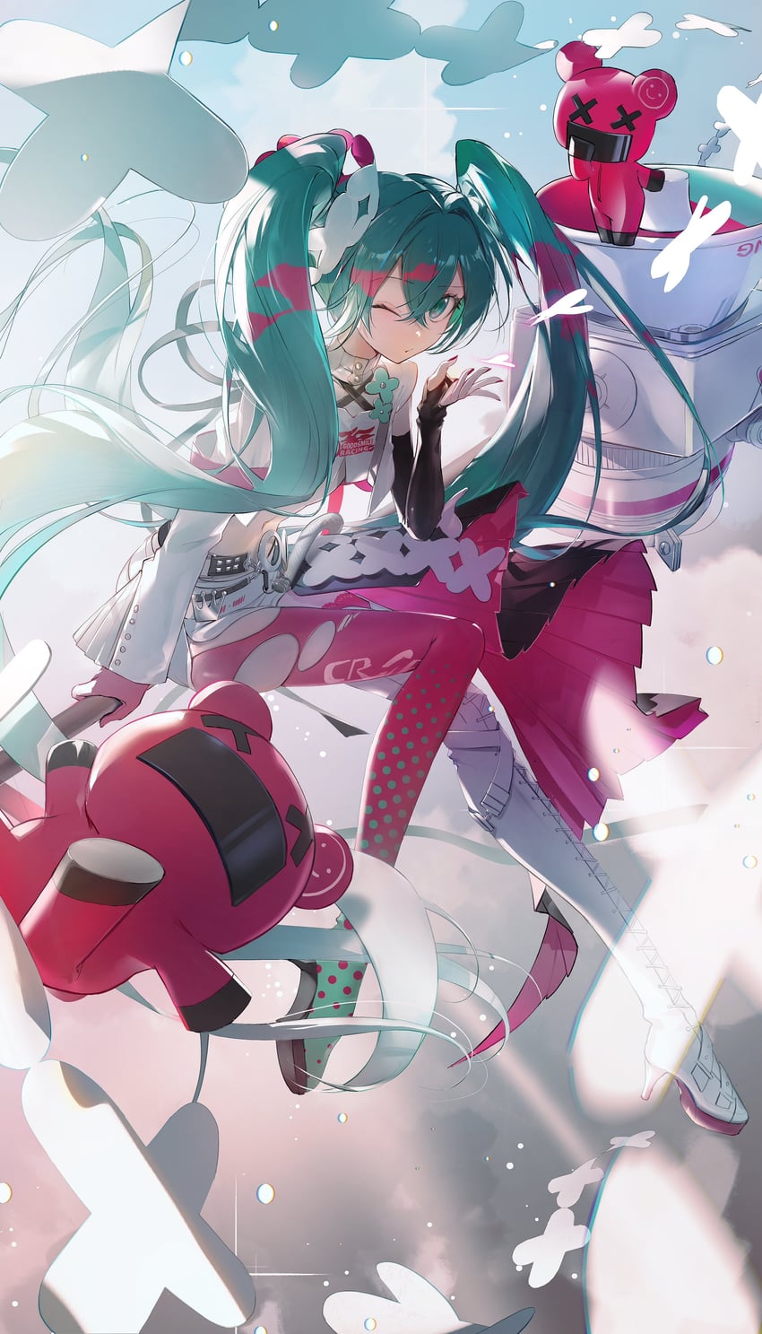 hatsune miku and racing miku (vocaloid and 1 more) drawn by kamatoyu