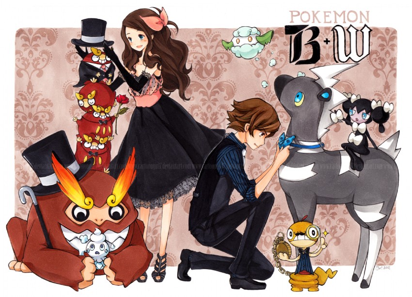 hilda, hilbert, vanillite, scraggy, cottonee, and 4 more (pokemon and 1 more) drawn by joanna_(mojo!)