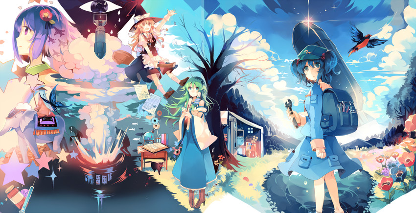 kirisame marisa, kochiya sanae, kawashiro nitori, and hieda no akyuu (touhou and 1 more) drawn by kirero