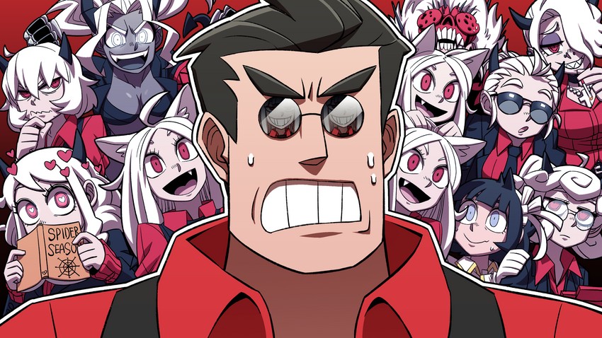 lucifer, modeus, justice, helltaker, cerberus, and 6 more (helltaker) drawn by isaosa