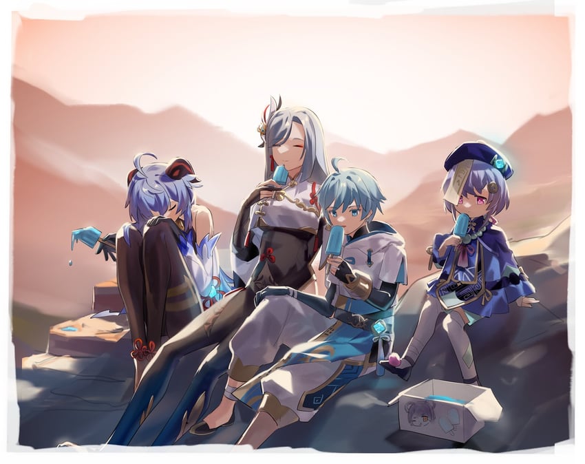 ganyu, shenhe, qiqi, chongyun, and xiangling (genshin impact) drawn by grape_(grapedraws)