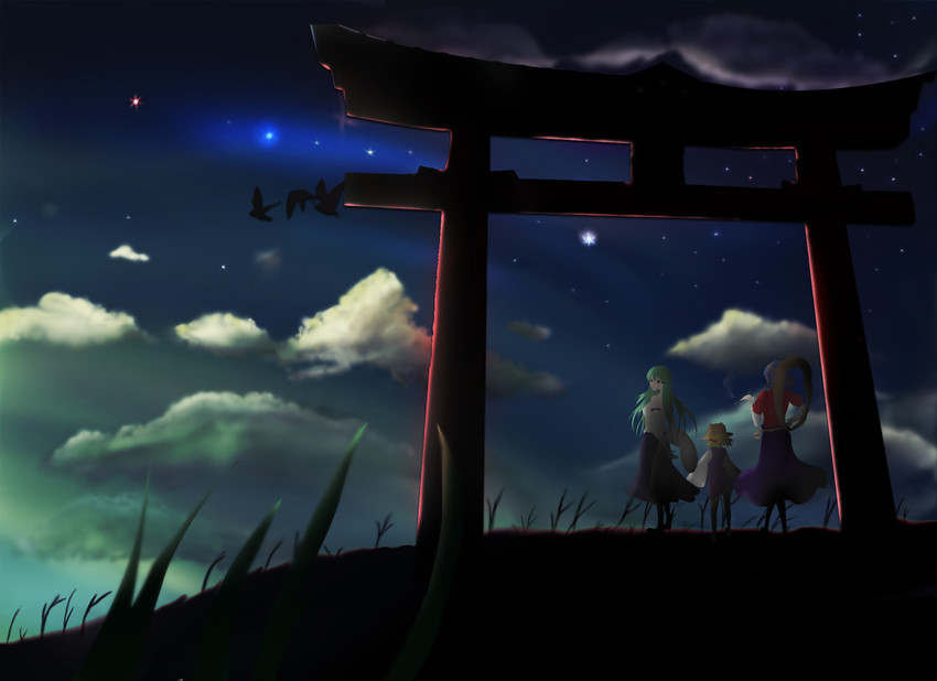 kochiya sanae, moriya suwako, and yasaka kanako (touhou) drawn by hifumi_kei