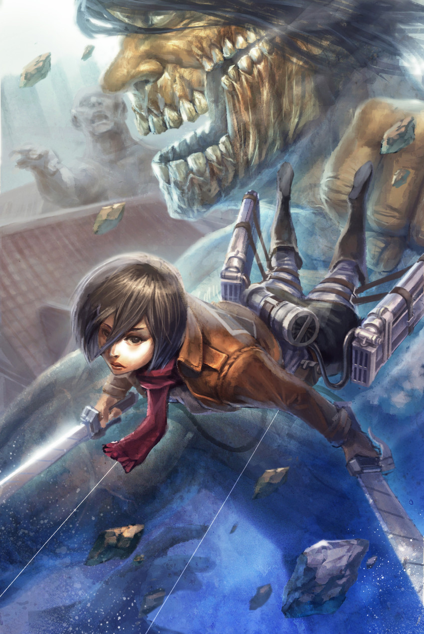 mikasa ackerman, titan, and rogue titan (shingeki no kyojin) drawn by tora_nu_tanuki