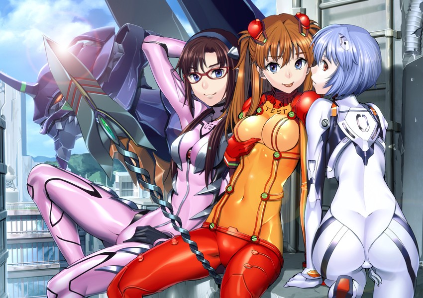 souryuu asuka langley, ayanami rei, makinami mari illustrious, and eva 01 (neon genesis evangelion and 2 more) drawn by fukurou_tei