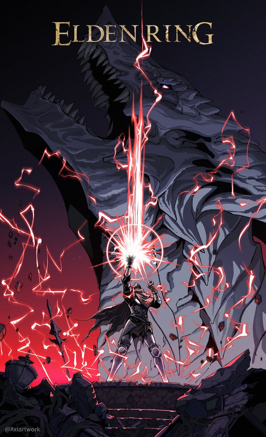 roundtable knight vyke and ancient dragon lansseax (elden ring) drawn by axiartwork