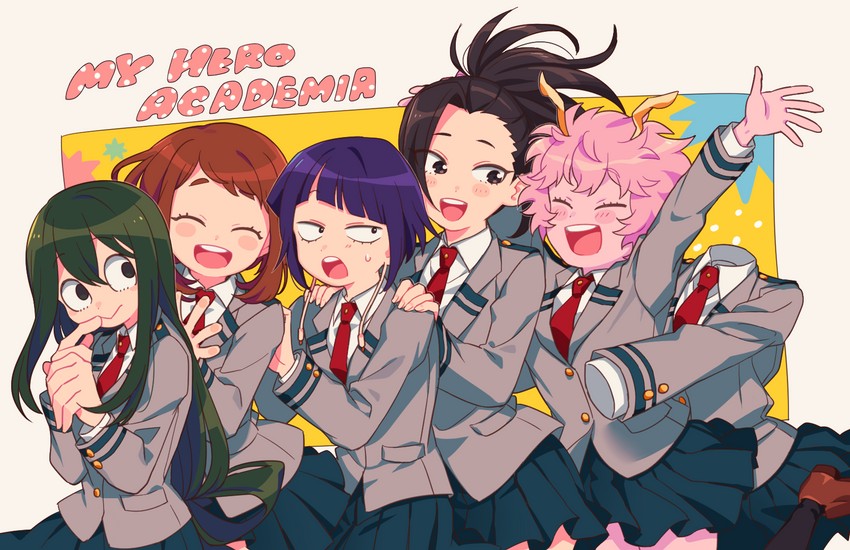 uraraka ochaco, asui tsuyu, yaoyorozu momo, ashido mina, jiro kyoka, and 1 more (boku no hero academia) drawn by mommorua