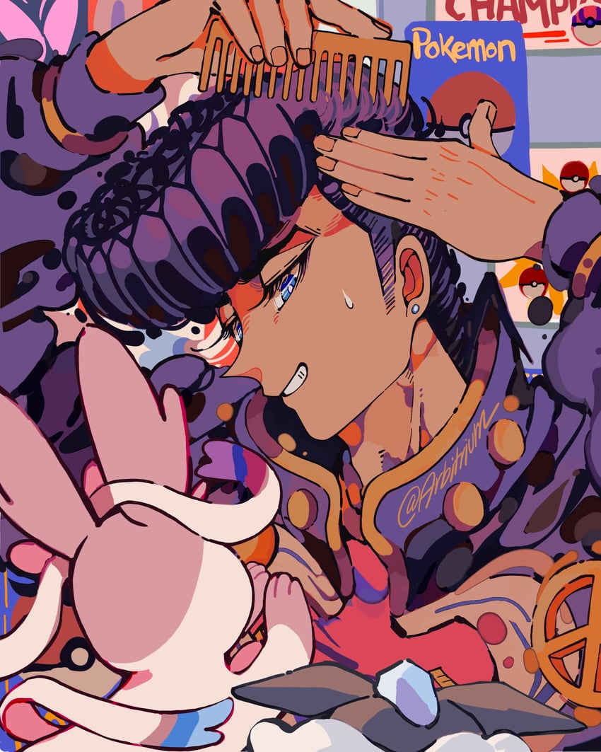 higashikata josuke, sylveon, and carbink (pokemon and 2 more) drawn by arbitrium