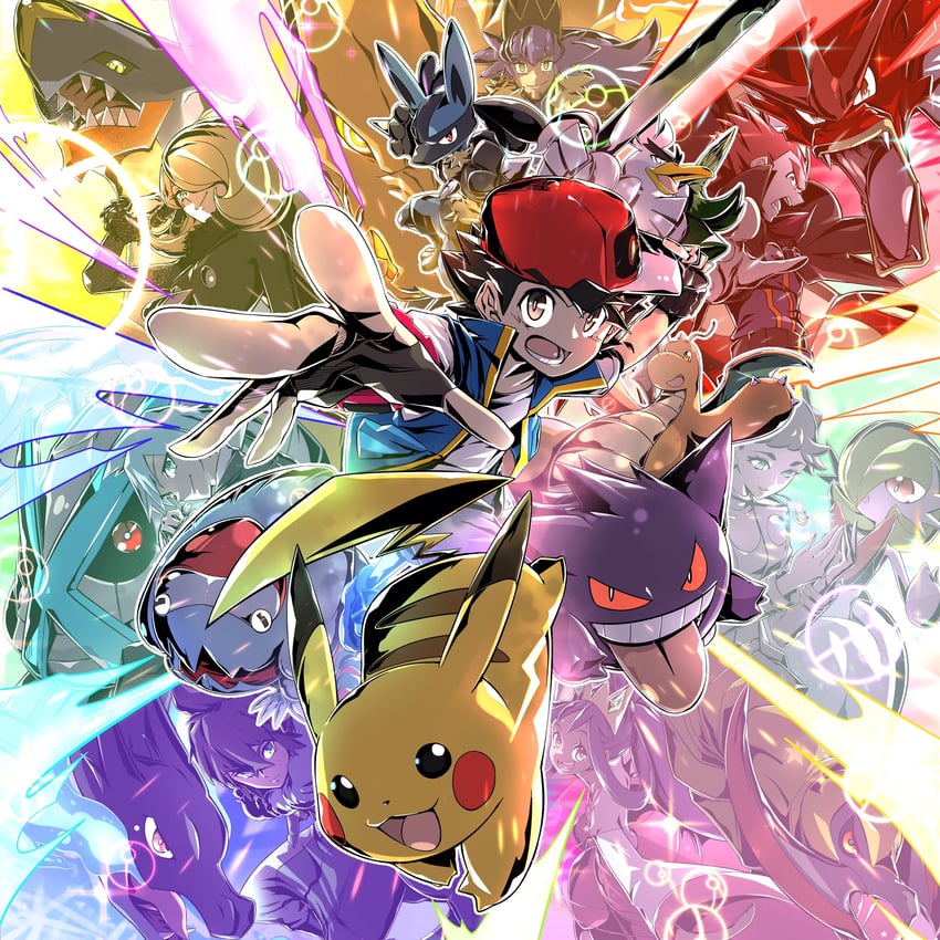gardevoir, pikachu, cynthia, ash ketchum, leon, and 20 more (pokemon and 1 more) drawn by kakashino_kakato