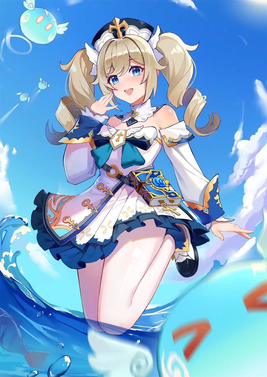 barbara, slime, and anemo slime (genshin impact) drawn by wangqi