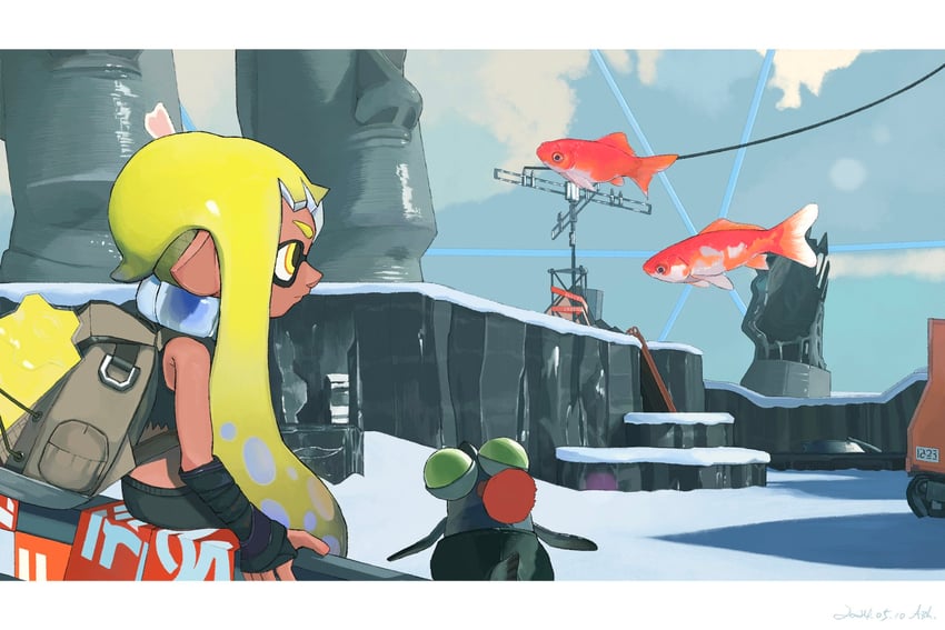 inkling player character, inkling girl, smallfry, and agent 3 (splatoon and 1 more) drawn by ash011023
