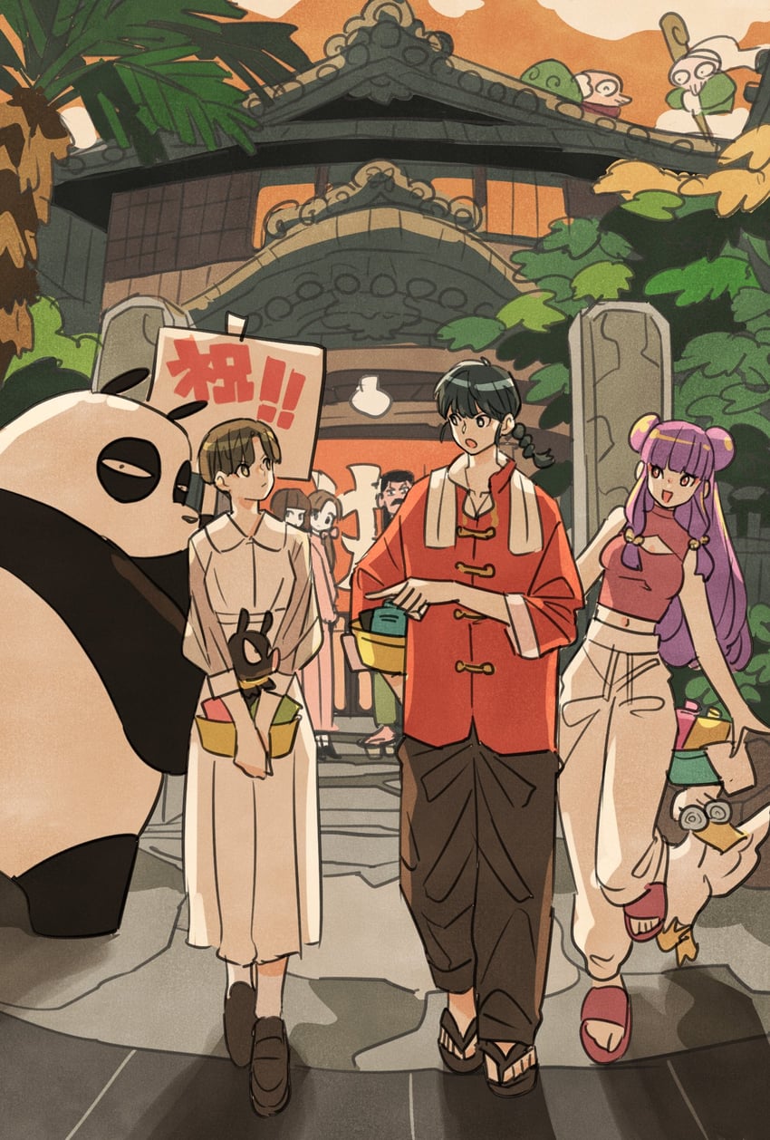 shampoo, tendou akane, saotome ranma, p-chan, tendou nabiki, and 6 more (ranma 1/2) drawn by takeuchi_ryousuke