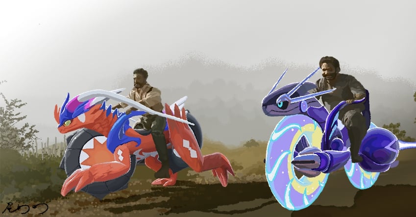 koraidon, miraidon, komaram bheem, and alluri sitarama raju (pokemon and 1 more) drawn by music_hour