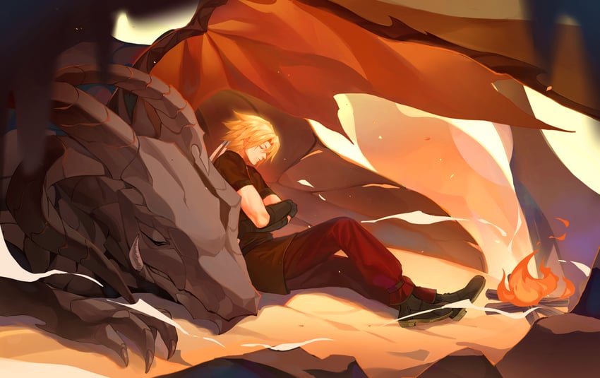 protagonist and dark red dragon mira bahamut (astlibra revision) drawn by kernel_killer