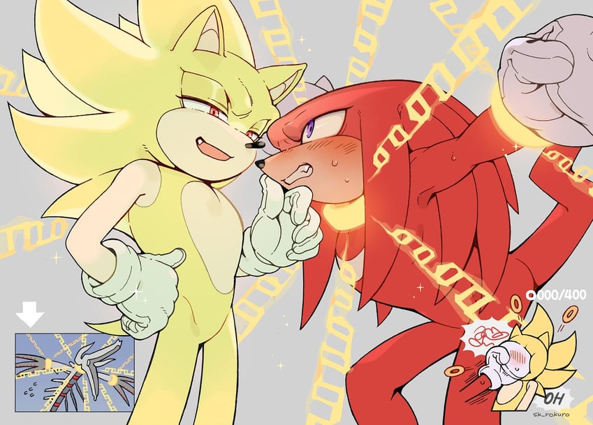 sonic the hedgehog, knuckles the echidna, and super sonic (sonic) drawn by sk_rokuro