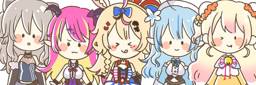 yukihana lamy, shishiro botan, omaru polka, momosuzu nene, and mano aloe (hololive) drawn by momosuzu_nene_(artist)