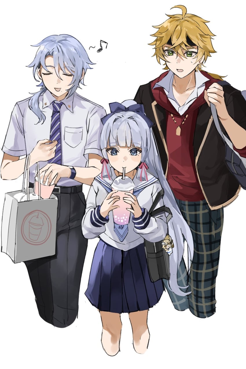 lumine, aether, kamisato ayaka, kamisato ayato, and thoma (genshin impact and 1 more) drawn by gyoju_(only_arme_nim)