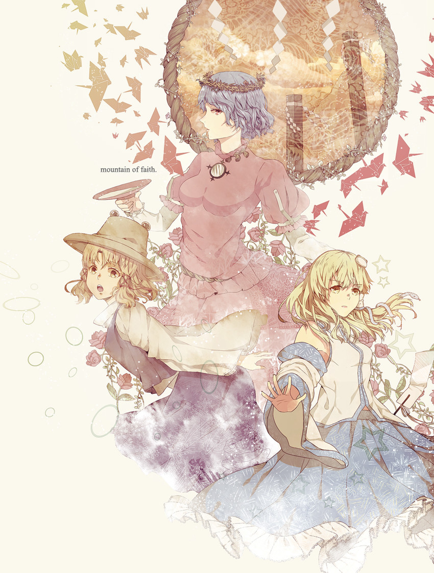 kochiya sanae, moriya suwako, and yasaka kanako (touhou) drawn by pikuri