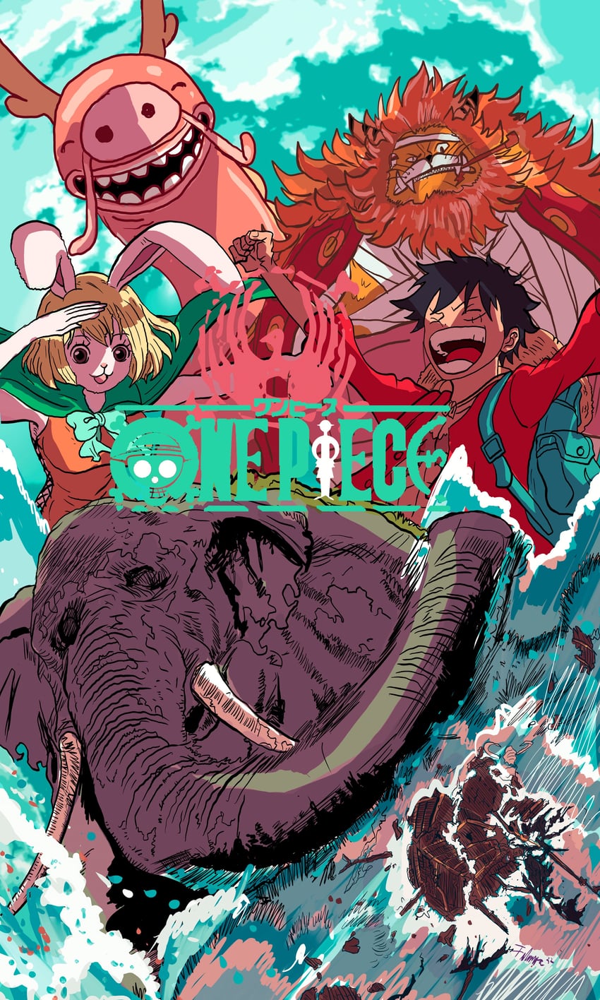 monkey d. luffy, carrot, nekomamushi, zunesha, and ryunosuke (one piece) drawn by firescorpio