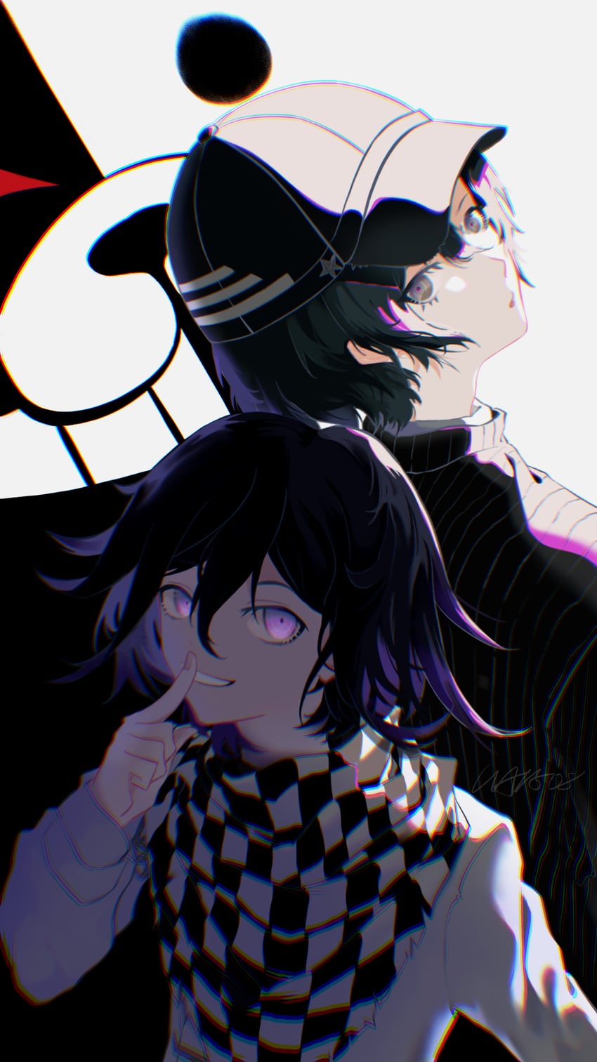 oma kokichi, saihara shuichi, and monokuma (danganronpa and 1 more) drawn by lioart
