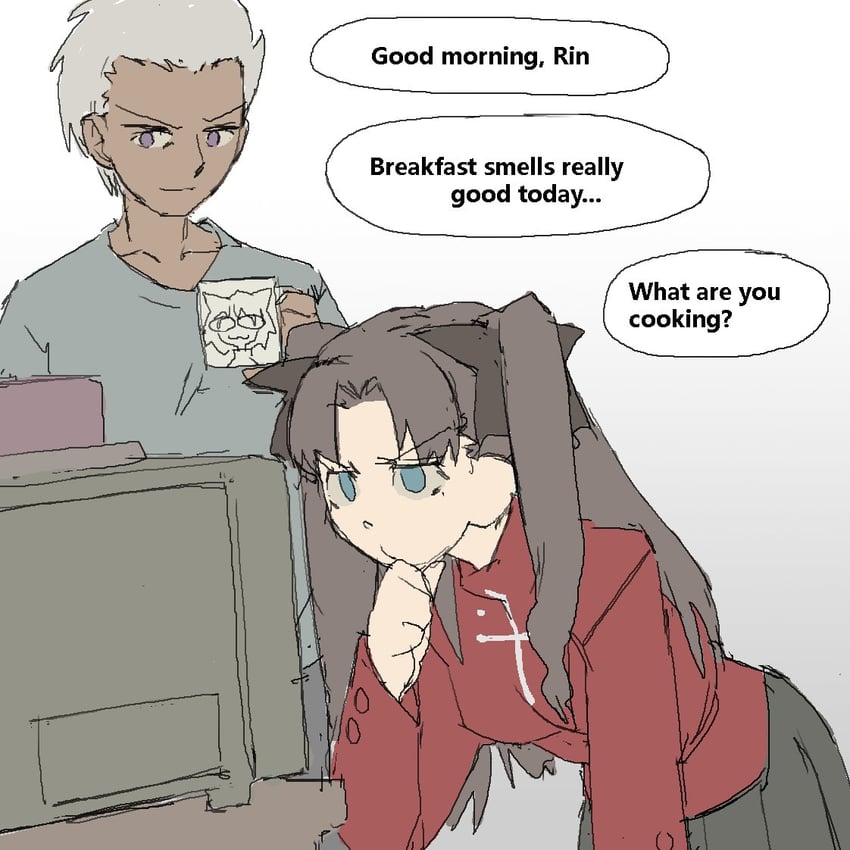 tohsaka rin, archer, and neco-arc (fate and 1 more) drawn by pantsu-ripper