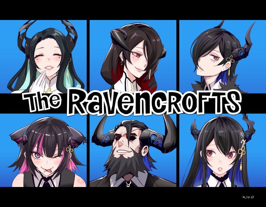 nerissa ravencroft, mamarissa, aradia ravencroft, malpha ravencroft, malphis ravencroft ii, and 1 more (hololive and 2 more) drawn by kivo