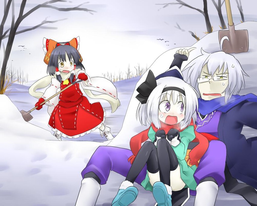 hakurei reimu, konpaku youmu, and morichika rinnosuke (touhou) drawn by futa_(nabezoko)