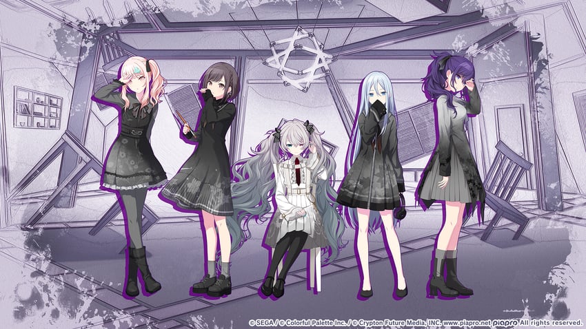 hatsune miku, asahina mafuyu, shinonome ena, akiyama mizuki, yoisaki kanade, and 1 more (vocaloid and 1 more) drawn by colorful_palette
