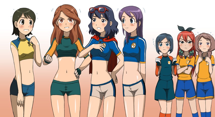 otonashi haruna, raimon natsumi, kudou fuyuka, kino aki, sorano aoi, and 2 more (inazuma eleven go and 1 more) drawn by takaya_n