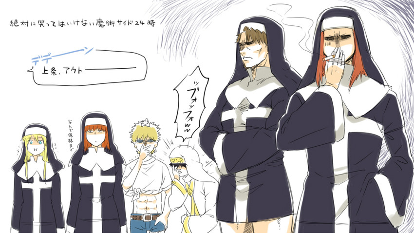 kamijou touma, index, kanzaki kaori, tsuchimikado motoharu, stiyl magnus, and 3 more (toaru majutsu no index and 3 more) drawn by saiba_(henrietta)