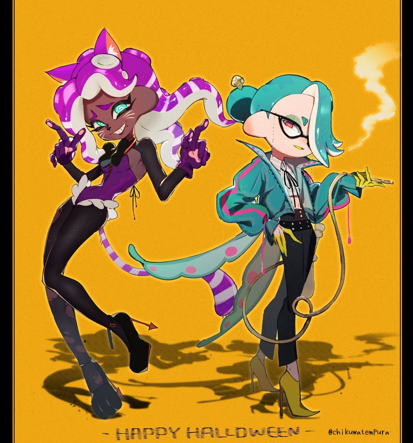 marina, shiver, cheshire cat, and caterpillar (splatoon and 1 more) drawn by chikuwa_tempura