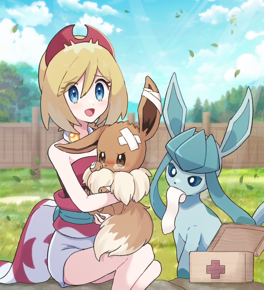 eevee, glaceon, and irida (pokemon and 1 more) drawn by haru_(haruxxe)