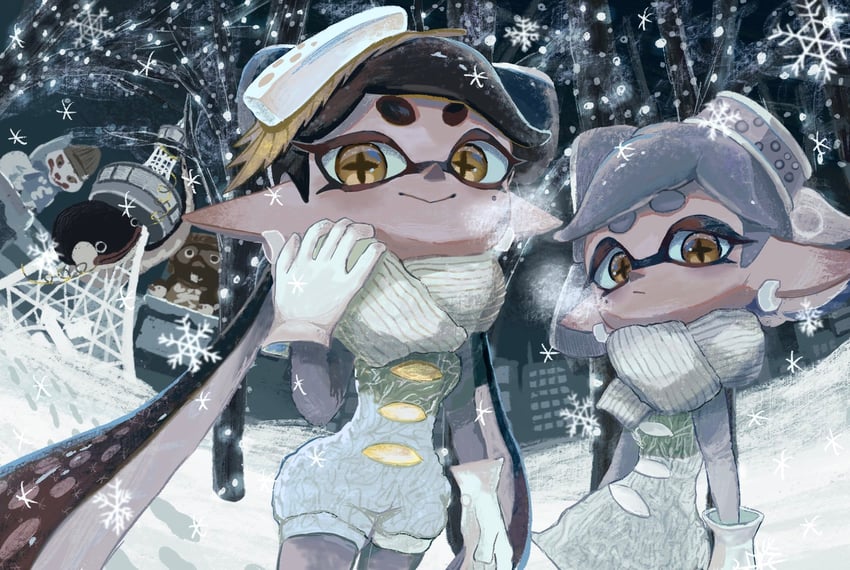 zapfish, callie, and marie (splatoon and 1 more) drawn by ikura_tuna