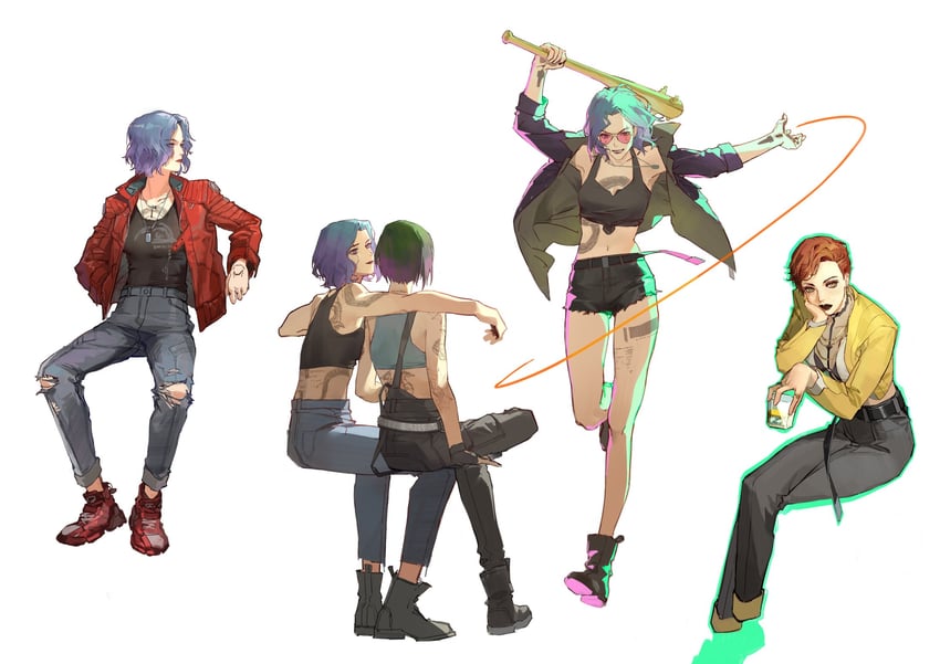 v, valerie, judy alvarez, and aurore cassel (cyberpunk and 1 more) drawn by yannn