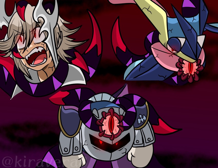 kirby, meta knight, male corrin, greninja, and dharkon (pokemon and 5 more) drawn by kiravera8