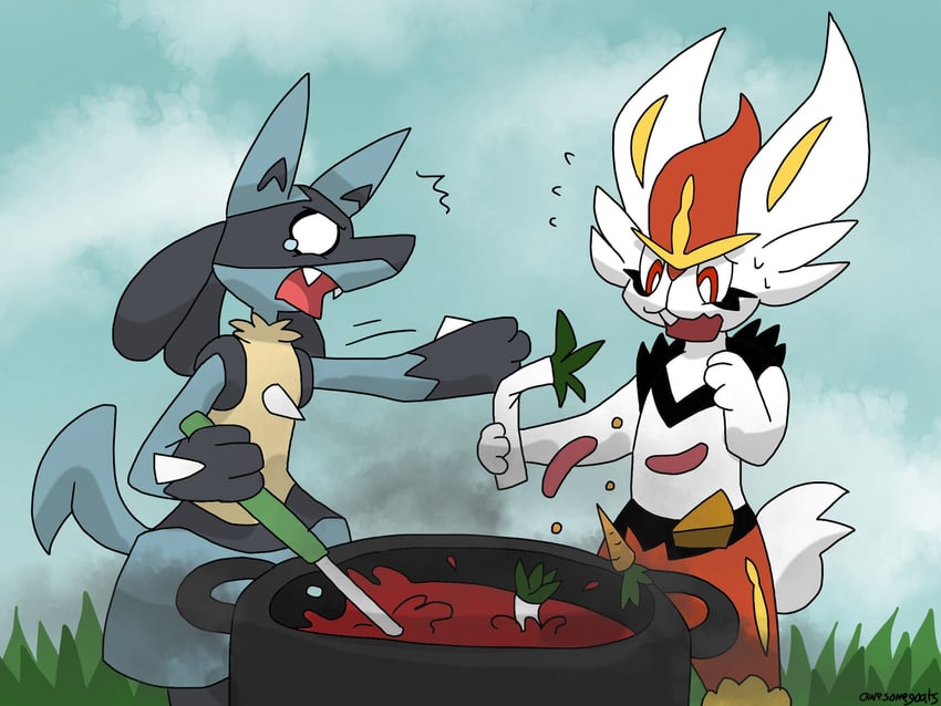 lucario and cinderace (pokemon) drawn by awesomegoats