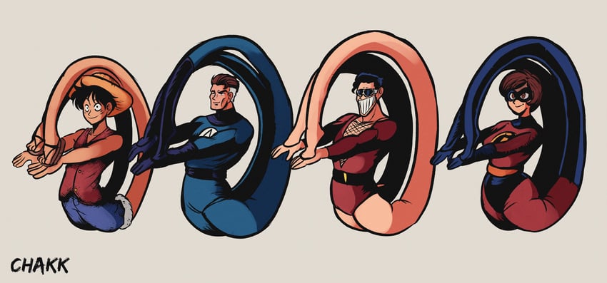 monkey d. luffy, reed richards, elastigirl, and plastic man (one piece and 4 more) drawn by chakkrx