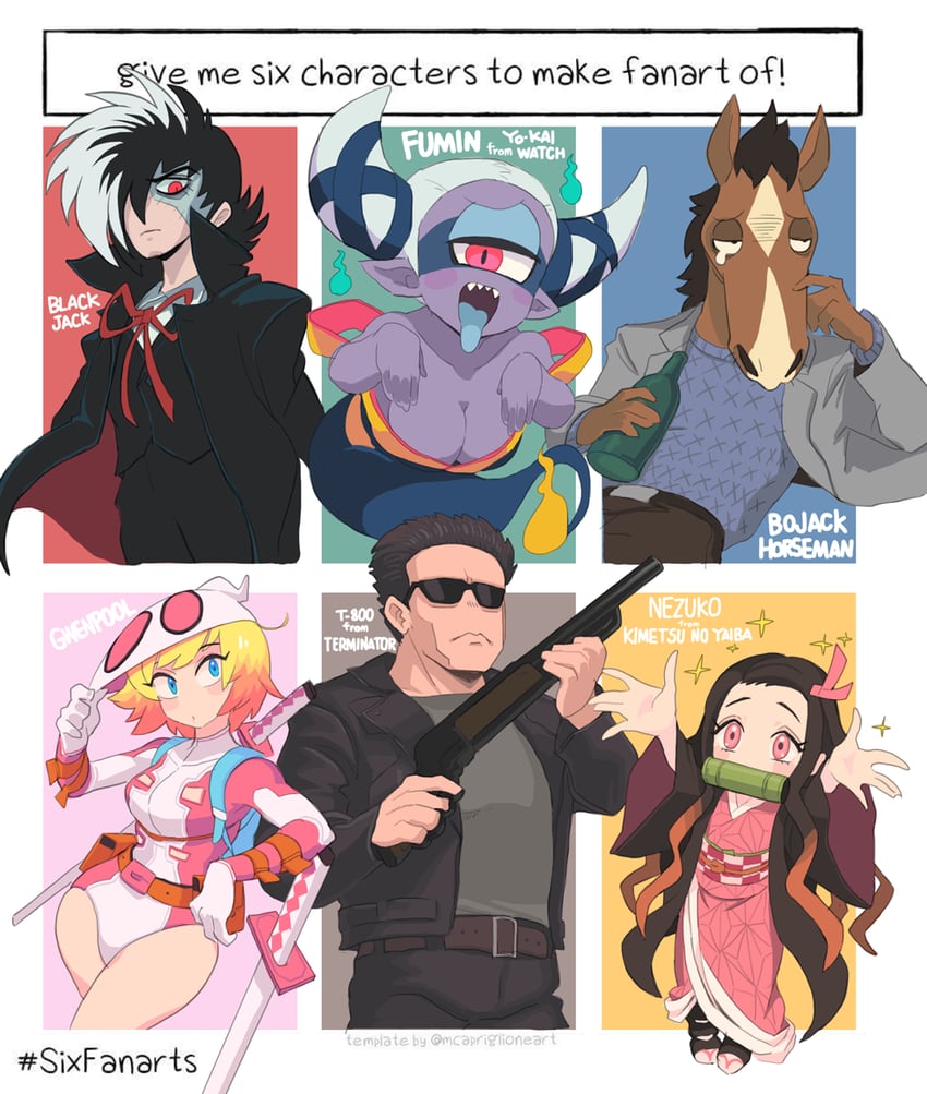 kamado nezuko, black jack, t-800, gwenpool, fuumin, and 2 more (marvel and 6 more) drawn by gashi-gashi