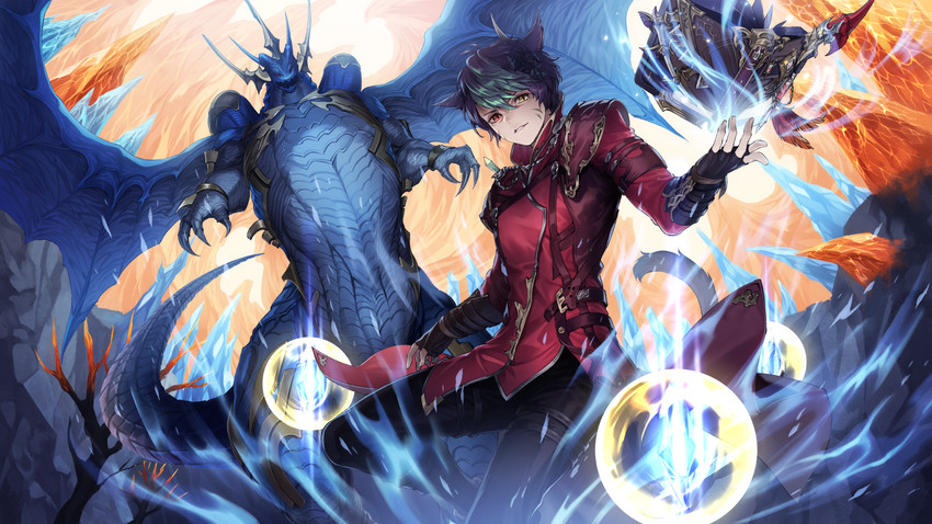 warrior of light, summoner, and bahamut (final fantasy and 1 more) drawn by rosa_(hoshino)