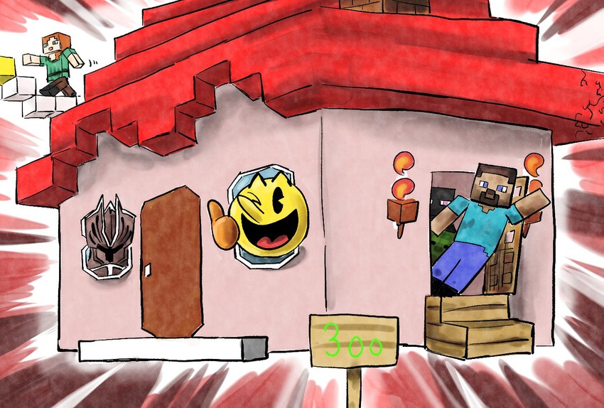 pac-man, enderman, steve, alex, zombie, and 1 more (fire emblem and 3 more) drawn by kicdon