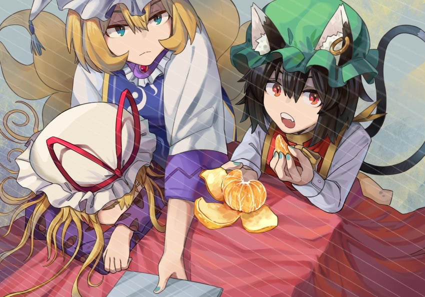 yakumo yukari, yakumo ran, and chen (touhou) drawn by onionmay