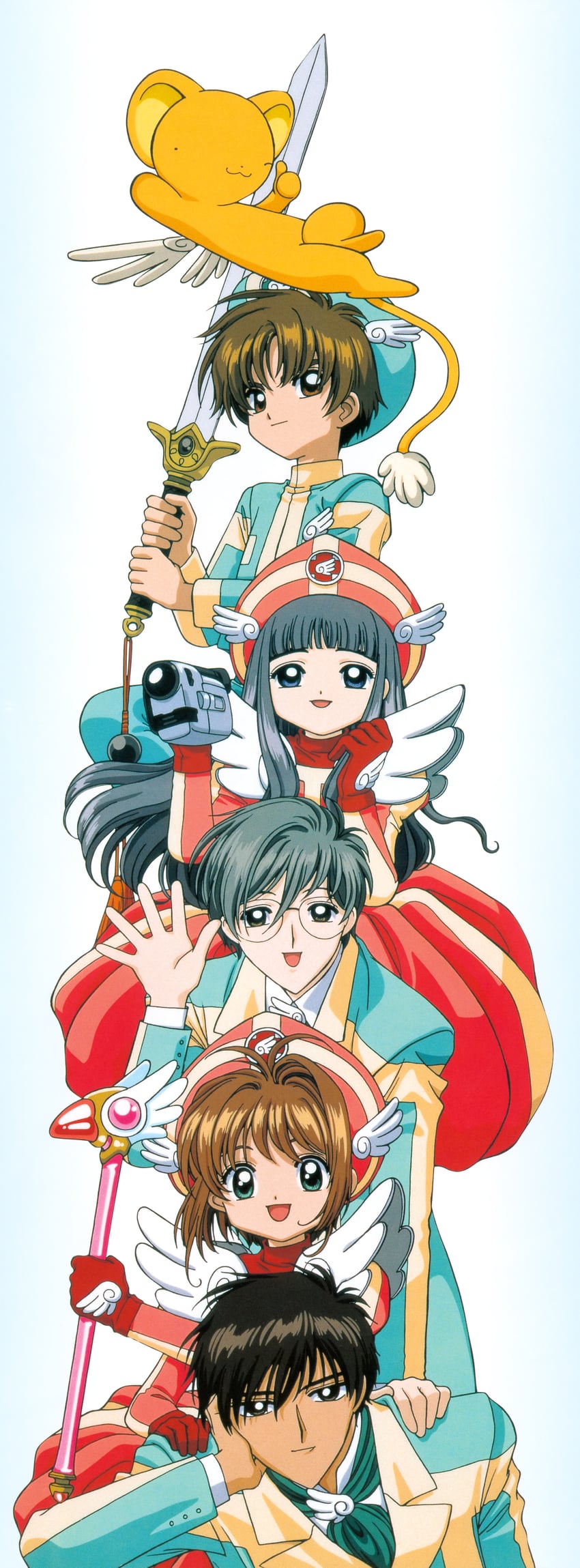 kinomoto sakura, kero, daidouji tomoyo, li syaoran, kinomoto touya, and 1 more (cardcaptor sakura)
